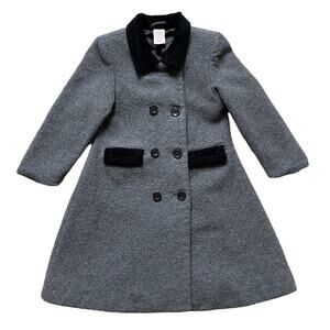 Gymboree Wool Blend Grey Double Breasted Girls Pea Coat Black Velvet Collar 3T